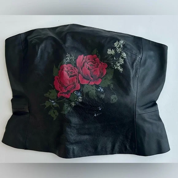 Newport News Strapless Leather Corset/Boudice - Black with Red Floral Design - Picture 2 of 8